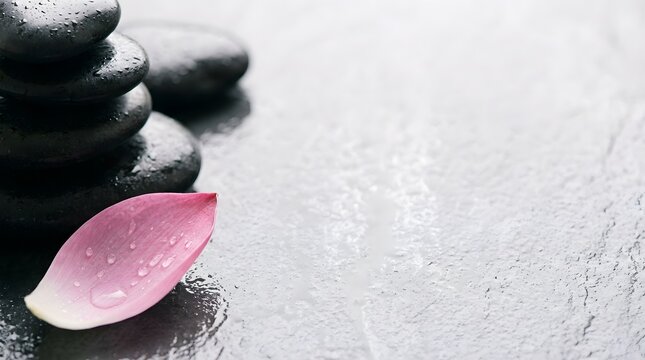 Zen basalt stones with pink flower petal on wet background with copy space