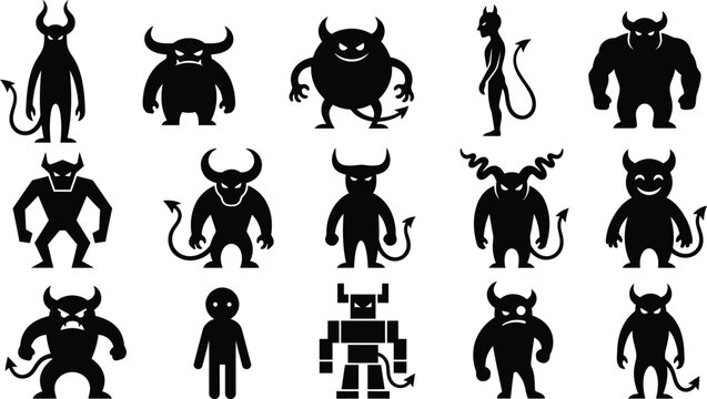 Black silhouettes of various devil and demon characters for Halloween designs