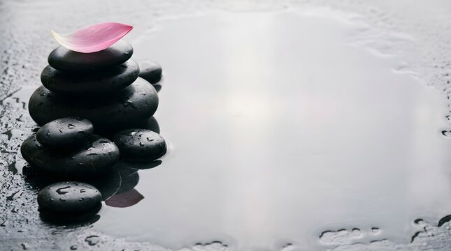 Zen basalt stones with pink flower petal on wet background with copy space