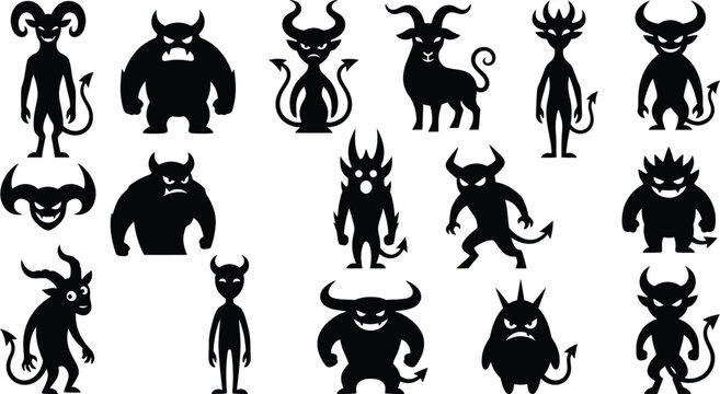 Black silhouettes of various devil and demon characters for Halloween designs
