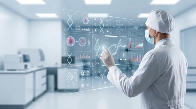 Scientist in lab coat interacting with holographic DNA display showing genetic research data and molecular structures in advanced biomedical laboratory setting for medical innov...