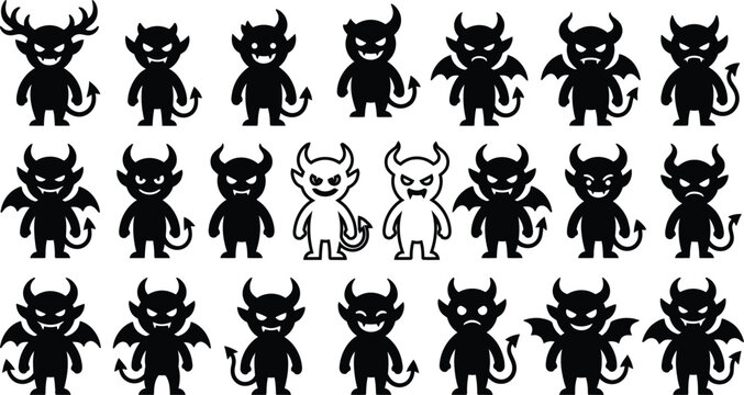 Cute cartoon devils and demons in black silhouette for Halloween decoration or design