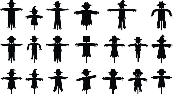 Collection of black scarecrow silhouettes in various poses and styles for Halloween