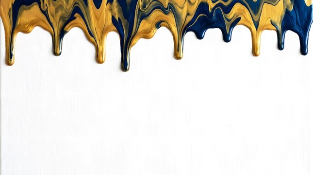 Abstract Blue and Gold Liquid Paint Dripping on White Background