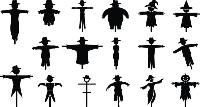 Black silhouettes of various scarecrows for Halloween decoration