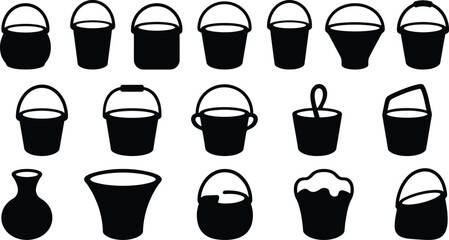 Black silhouette icons of various buckets and pails for Halloween or DIY projects © MD Din Islam
