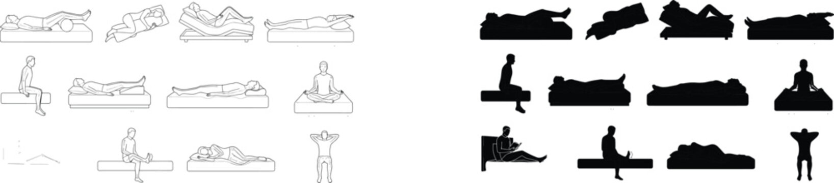 People on Mattresses Set Showing Sleeping Postures Sitting and Relaxation Vector Illustration
