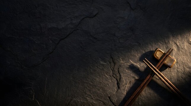Minimalist Still Life of Wooden Chopsticks on Dark Slate Stone Background with Moody Lighting