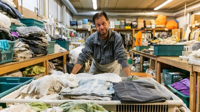 A man sorts through piles of used clothing in a cluttered warehouse style sorting facility