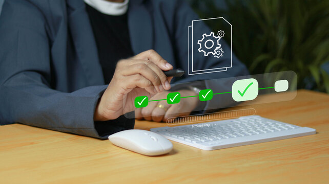 Business professional managing digital workflow with task automation, process optimization, project management, quality assurance, workflow tracking, and operational efficiency.