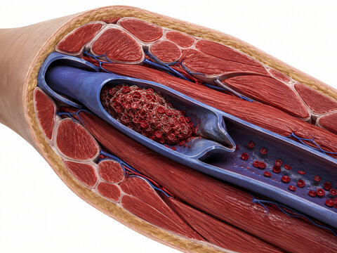 3D medical illustration of deep vein thrombosis DVT showing a blood clot in a leg vein