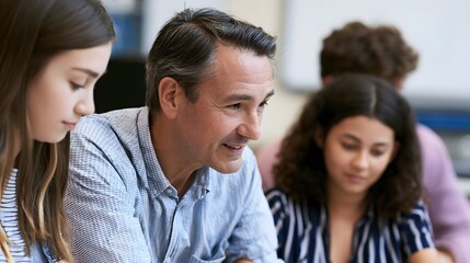 Obraz premium A man smiling while interacting with students during a classroom activity focused on learning and collabo n