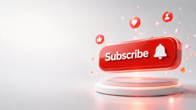 3D Floating Subscribe Button with Notification Bell and Social Media Icons on White Background