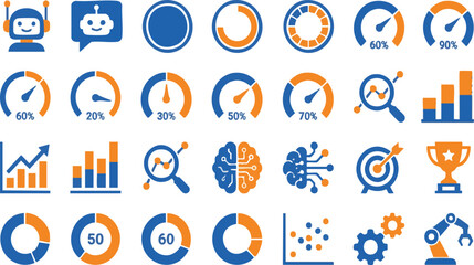Fototapeta premium Artificial Intelligence Analytics Dashboard Icon Set – AI Metrics, Data Visualization, Machine Learning and Business Intelligence Flat Vector Icons