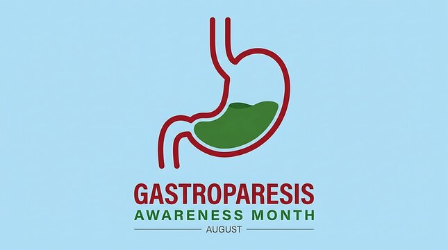 Gastroparesis awareness month august illustration of stomach with liquid green and red outline light blue background medical condition awareness poster public health.
