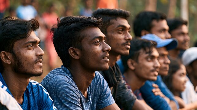 A row of young men watching an outdoor event with focused expressions and natural lighting