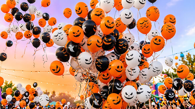 Large bunch of orange black and white balloons with jack-o-lantern ghost faces