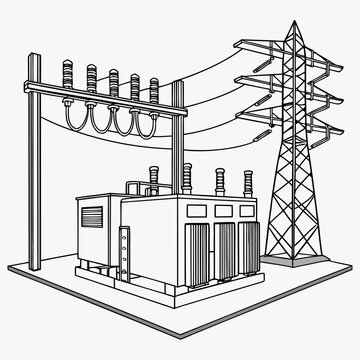 Electrical substation with voltage transmission tower and power transformer equipment on a white background