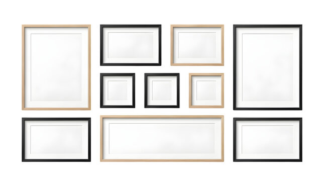 Minimalist gallery wall frame set, collection of 10 black and light wood picture frames, blank photo frame mockups on white background