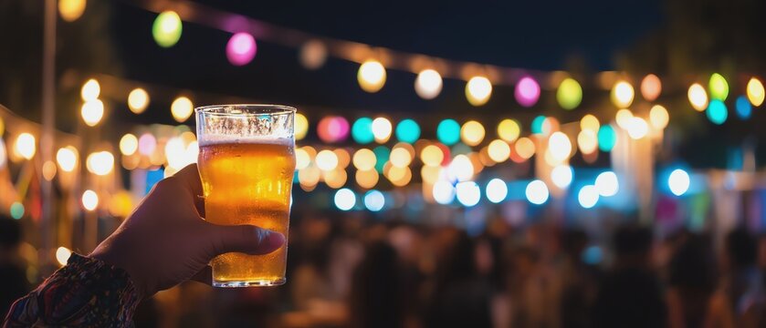 Hand holding a beer glass at night event.