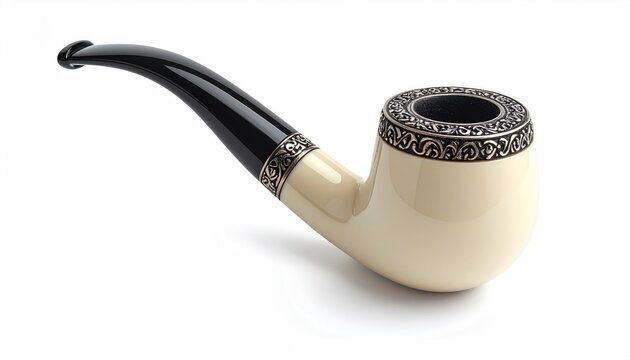 Elegant cream and black smoking pipe with ornate metal accents