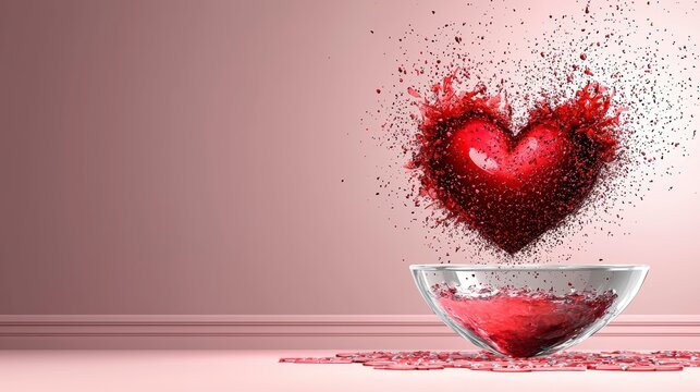 Abstract Red Heart Explosion with Liquid Splashes and Tilted Glass Bowl - Love and Emotion Concept