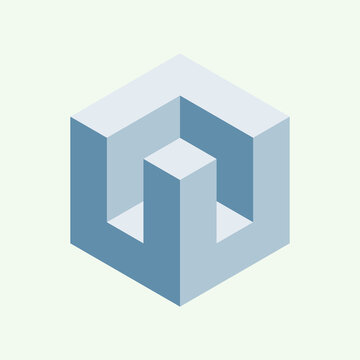 Minimalist blue isometric 3D cube showing impossible geometry and modern architectural design