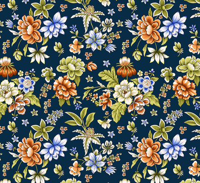 Vintage floral seamless pattern on dark blue background, elegant botanical textile print with orange and white flowers, classic chintz wallpaper design