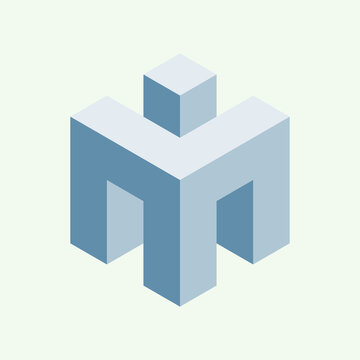 Blue isometric 3D geometric human figure made of blocks isolated on light background.