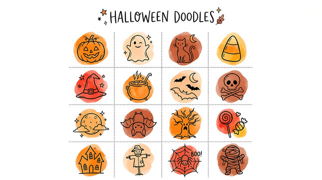 Set of hand-drawn halloween doodles and seasonal decorative icons with halloween