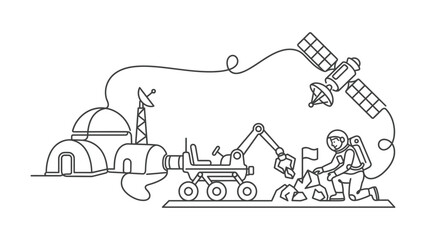 Astronaut on alien planet exploring with rover and space station © Mbako