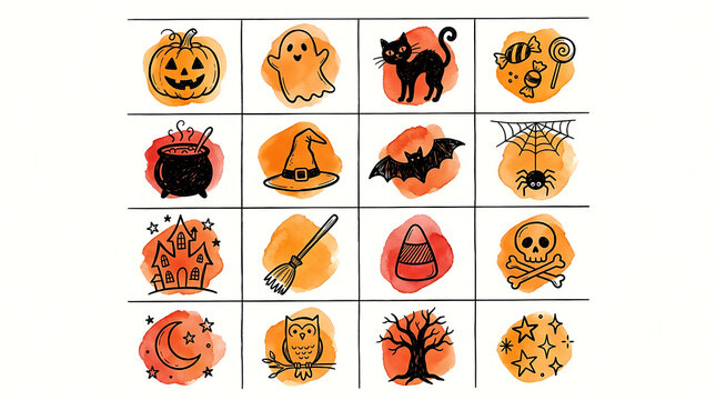 Halloween doodle collection with holiday icons and spooky elements, hand drawn