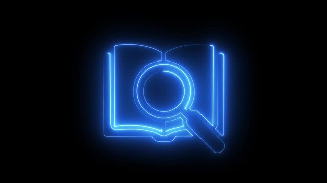 Glowing neon book and magnifying glass animation for research and education
