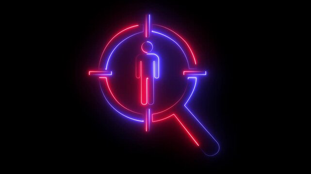 Neon target with magnifying glass symbolizing targeted recruitment and data analysis