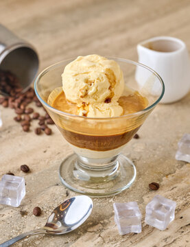 Classic Affogato Dessert with Vanilla Ice Cream, Espresso, and Coffee Beans