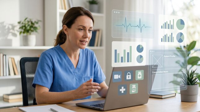 Female doctor analyzing patient health data and medical charts on a laptop screen with holographic overlays, illustrating telemedicine and digital healthcare technology in a cli...