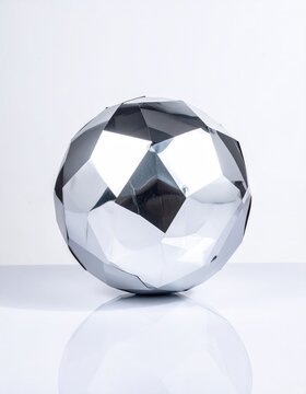 Geometric, faceted, reflective silver sphere on a white surface