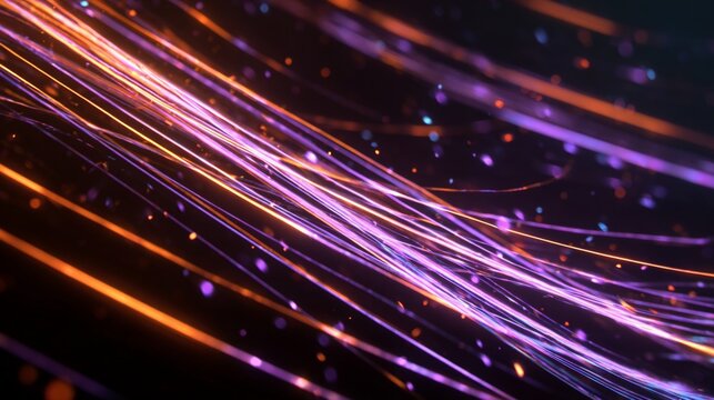 Abstract digital background with glowing orange and purple light trails. Flowing neon lines representing high speed data transmission, fiber optic communication and modern network concept.