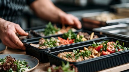 Obraz premium Hands preparing gourmet meal boxes filled with chicken vegetables and fresh herbs on a wooden surface