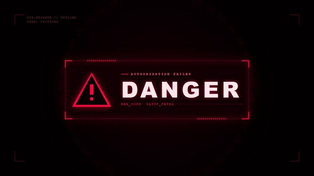A glowing red warning sign displays the word danger inside a digital interface frame as a visual alert for system security monitoring software designed to indicate critical events for users here