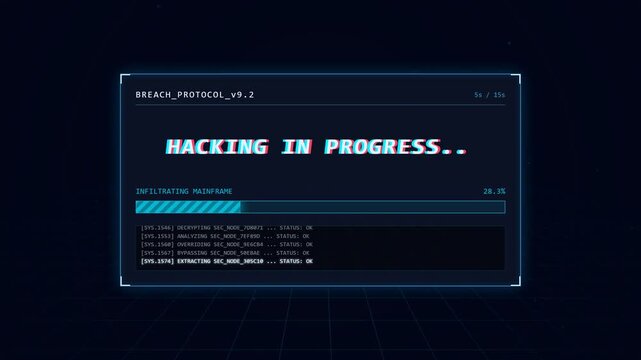 A digital interface displays a critical breach protocol with an active loading bar and command lines that simulate an unauthorized cyber intrusion attempt occurring within a secure computer
