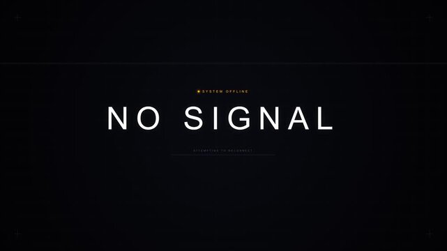A digital screen displays the words no signal in white letters on a dark display indicating that television equipment is currently receiving transmission errors from a connected broadcasting