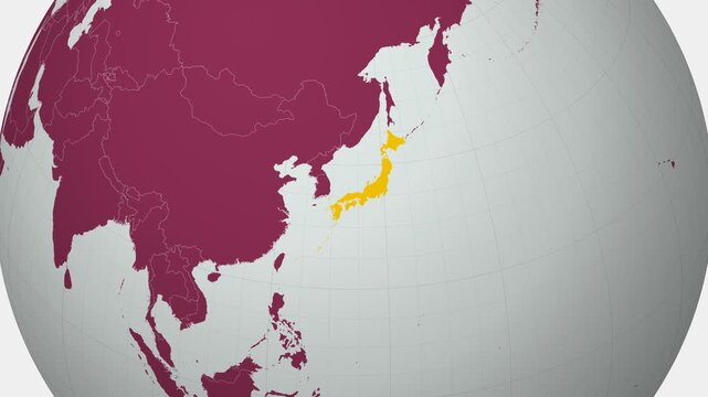 Japan map. Animated zoom into the country on the Globe in Pale Mint Dark Pink color palette. Country logo animation with round text and airplanes. Map with meridians, parallels. Vibrant video.