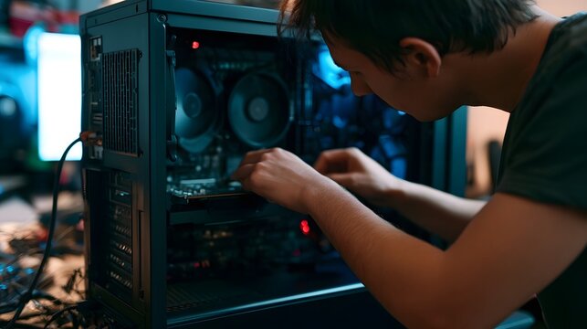 A person carefully installing components inside an open computer case under blue and red lighting