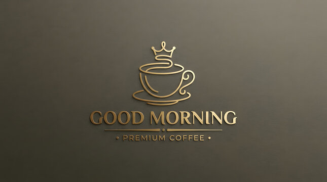 Good morning premium coffee 3D embossed gold logo design with crown and coffee cup on dark background