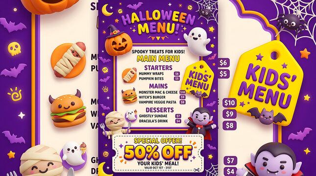 Spooky halloween menu design for kids featuring food and cute creatures