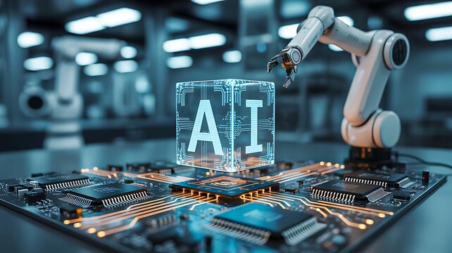 Artificial intelligence technology with robotic arm and microchip for smart industrial automation
