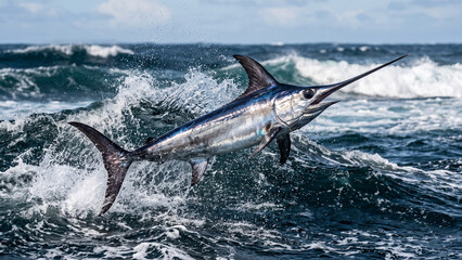 Fototapeta premium Swordfish jumping out of rough ocean water with splashing waves