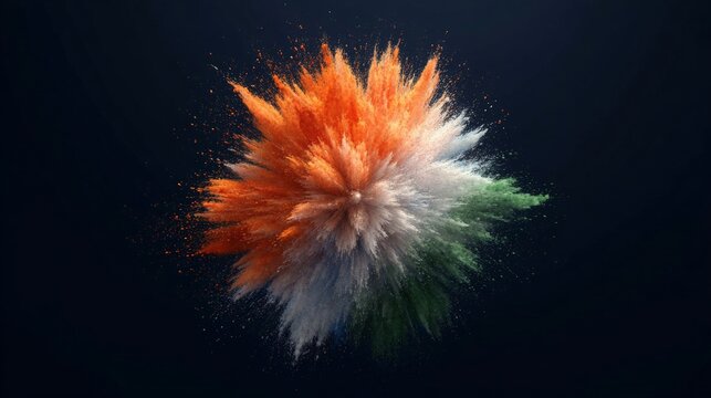 Orange, white and green holi powder explosion. Colorful dust cloud burst on dark background. Creative abstract background for Indian celebration, festival and cultural event graphic.