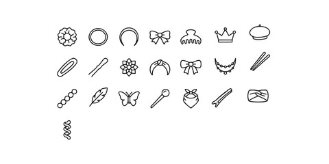 Icon set collection of women hair accessories clips headbands bows scrunchies tiara pins linear outline vector symbols on white background. © Raka Firdaus 
